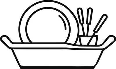 Clean Dishes in a Dish Rack: A simple illustration showcases a dish rack filled with clean plates and cutlery, symbolizing the completion of a task, neatness, and order.