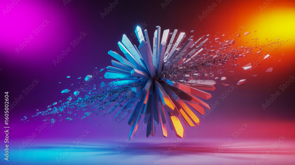 Wall mural abstract crystalline structure exploding into fragments with vibrant neon lighting explosion shards