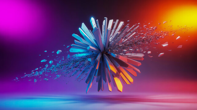 Abstract crystalline structure exploding into fragments with vibrant neon lighting explosion shards