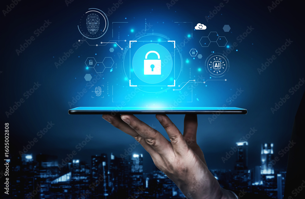 Poster ai cyber security system using biometric authentication and privacy control. cyber security protects