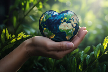 Hand holding a heart shaped earth globe in lush green forest