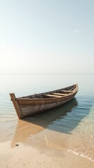Fototapeta premium A solitary wooden boat rests gently upon the shoreline, awaiting a journey across the calm, tranquil waters ahead.