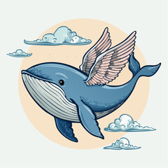 Obraz premium Fat and cute whale with wings fly in the sky engraving and linocut style illustration 