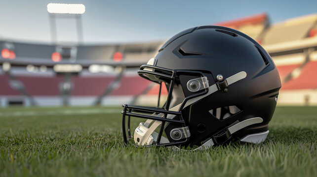 Black American Football Helmet on Grassy Field with Stadium Background black helmet sports equipment