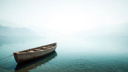 Obraz premium Tranquil vista of a wooden boat gently floating upon the shimmering surface of a calm mountain lake on a hazy day