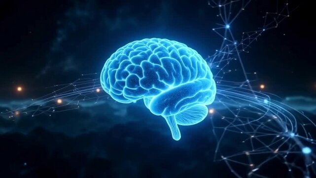 Dynamic glowing blue brain with neural network connections igniting ideas in abstract space