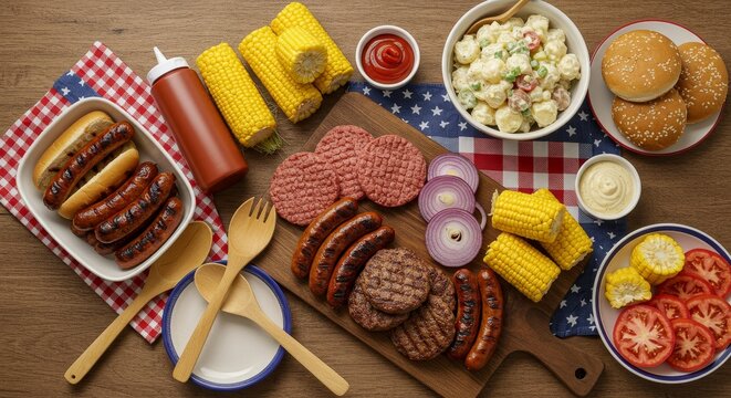 Patriotic barbecue feast featuring classic summer grilling favorites arranged artistically