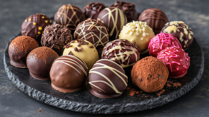 Photograph of an elegant assortment of handcrafted chocolate truffles, arranged on a dark marble platter.