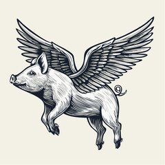 Fototapeta premium Pig with wings fly in the sky engraving and linocut style illustration 
