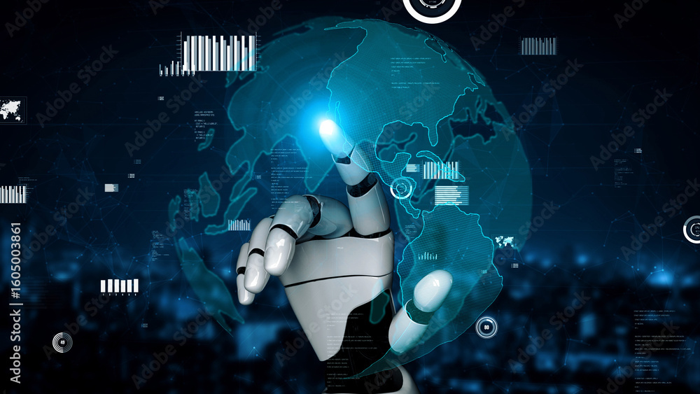 Poster a captivating image of a robotic hand reaching out to touch a digital globe, symbolizing the interse