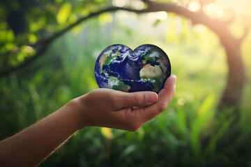 Hand holding a heart shaped earth globe in a lush green forest