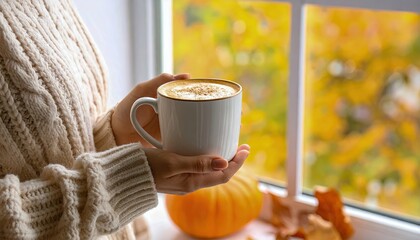 A woman holding a white coffee mug with a pumpkin on the table. The pumpkin is orange and the woman is wearing a white sweater