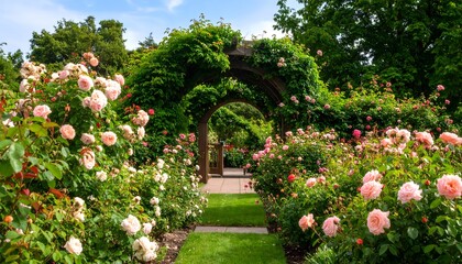 Rose garden path leads to an arbor.