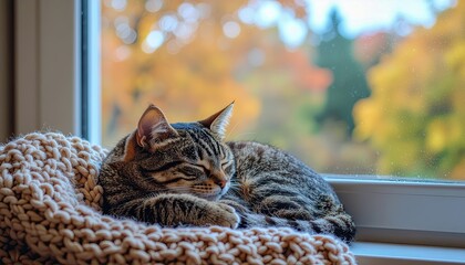 A cat is sleeping on a blanket by a window. The cat is curled up and he is very relaxed. The window is open, allowing a gentle breeze to flow through the room. Concept of calm and tranquility