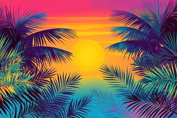 Tropical plants and leaves in sunset background vector illustration with gradient color, 80s style, flat design, bright colors, retro, geometric shapes, digital art, vector graphic.