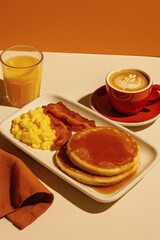 Breakfast Feast: A vibrant breakfast spread, with golden pancakes drenched in syrup, alongside scrambled eggs, crispy bacon, a steaming cup of latte and refreshing orange juice.
