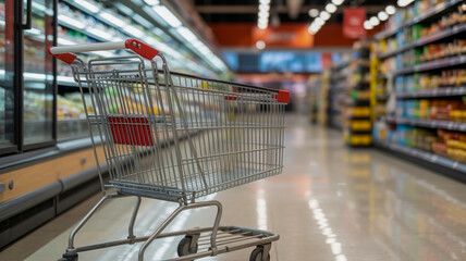 Close up of a metal shopping cart with red accents in a brightly lit supermarket aisle grocery retail
