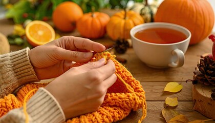A person is sitting at a table, knitting a scarf while sipping on a cup of tea. The table is adorned with a bowl of oranges and a few pine cones. The scene conveys a cozy and relaxing atmosphere