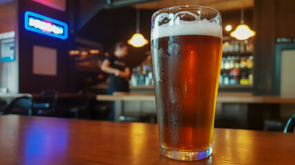 Close up of a tall glass of amber beer with foam on a wooden bar counter drink beverage