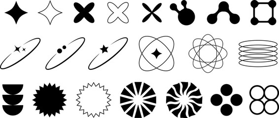 Set of isolated vector shapes in retro futuristic Y2K style. Templates for prints, banners, stickers and business cards, digital design.