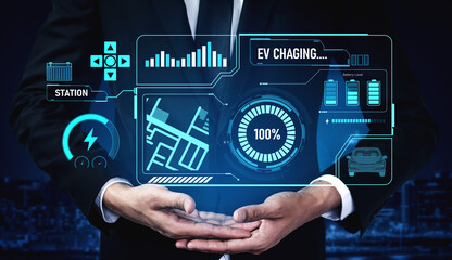 Charging interface for electric vehicles showing real-time battery level, charging status, power output, station location, and navigation for efficient energy management Vouch