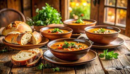 A table with a variety of food, including bowls of soup and bread. Scene is warm and inviting, as the food is presented in a way that makes it look delicious and ready to be eaten