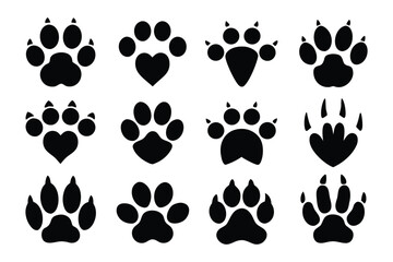 Fototapeta premium Collection of diverse animal paw print silhouettes showcasing various shapes and sizes for creative design elements