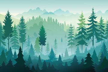 Fototapeta premium Watercolor panoramic illustration of a misty evergreen forest with layered pine and fir trees in muted greens and blues