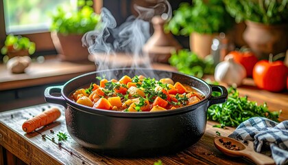 A large pot of soup sits on a wooden table with a variety of vegetables and herbs. The steam rising from the pot creates a cozy and inviting atmosphere