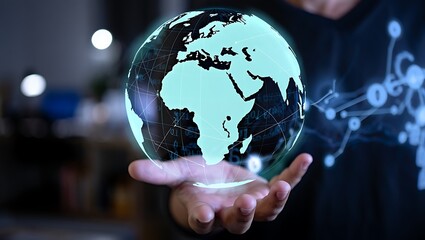 Person holding a glowing digital globe representing global connectivity and technology
