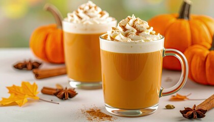 Two cups of coffee with whipped cream and cinnamon on top. The cups are on a table with a pile of orange leaves and a pumpkin