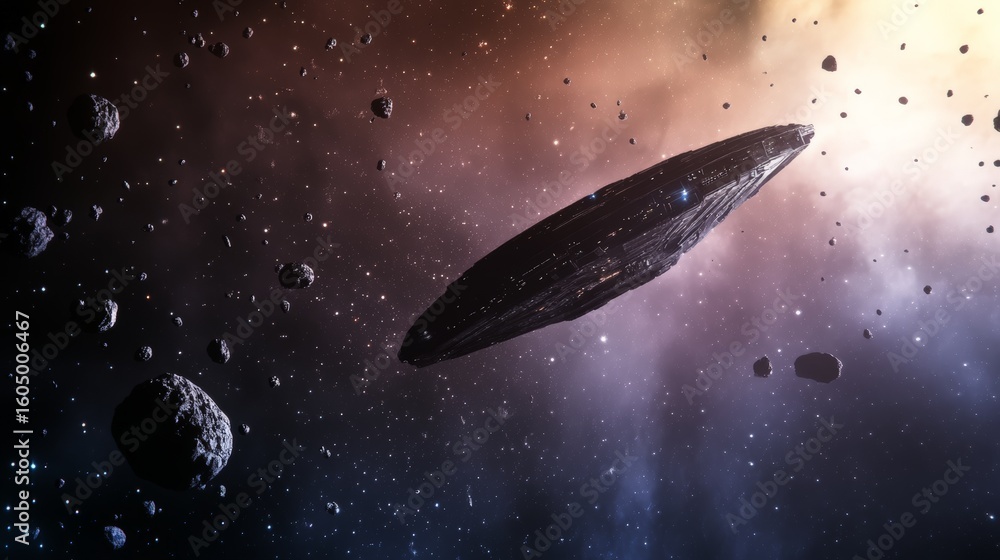Poster gigantic spaceship navigating through a dense asteroid field in a colorful galaxy, showcasing advanc
