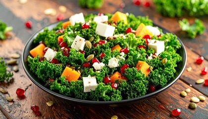 A black bowl filled with a green salad with pomegranate and feta cheese. The salad is served on a wooden table