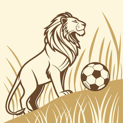 Fototapeta premium Lion king holding soccer ball symbol