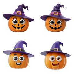 Fototapeta premium Four smiling Halloween pumpkins wearing purple witch hats 