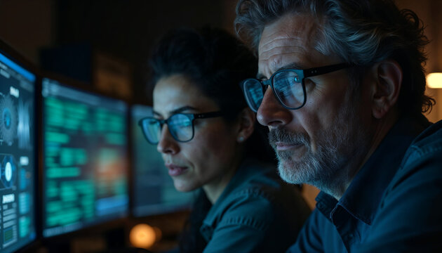 A team of cybersecurity analysts, including a young African American woman and a middle-aged Caucasian man, collaborating in a dark operations room, multiple screens showing real-time threat analysis