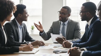 Diverse Business Team In Formal Attire Discussing Strategy Around Table With Digital Tablet