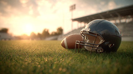 American Football Helmet and Ball on Grass Field at Sunset