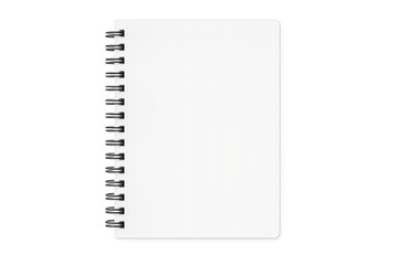 Closed white spiral notepad on transparent background, perfect for showcasing designs and artwork
