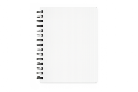 Closed white spiral notepad on transparent background, perfect for showcasing designs and artwork