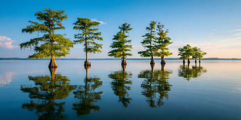Five Bald Cypress Trees Reflecting in Calm Water at Sunrise