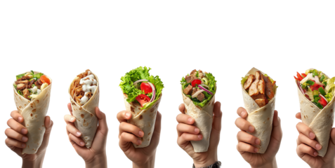 A collage of five hands holding different types of shawarma wraps, isolated on a white background. Ultra-realistic photography.