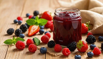 A jar of raspberry jam is on a table with a bunch of berries. The berries include blueberries, raspberries, and strawberries. The jar of jam is surrounded by the berries, creating a colorful