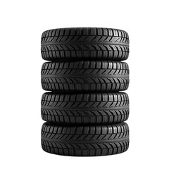 Stack of four black tires with tread pattern isolated on transparent background