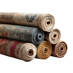 Rolled-up carpets of various colors and patterns