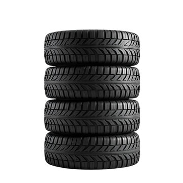 Stack of four black tires with tread pattern isolated on transparent background