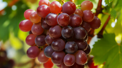Fototapeta premium Close up of ripe red grapes with water droplets on a vine fruit vineyard