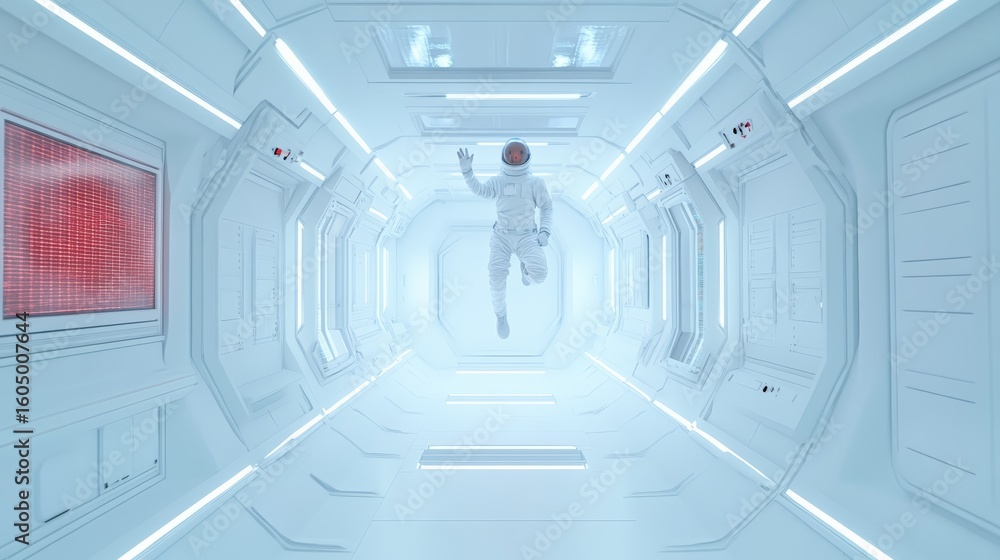 Poster astronaut in a white spacesuit floating down a bright white corridor of a futuristic spaceship, wavi