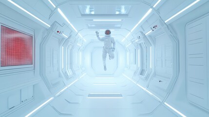 Astronaut in a white spacesuit floating down a bright white corridor of a futuristic spaceship, waving among illuminated panels and advanced technology, evokes exploration in space
