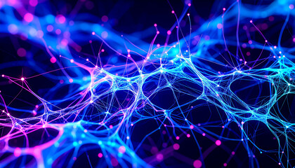 Complex dynamic cellular connections of neural networks with glowing lines and nodes in shades of blue, violet and neon green in the flow of signals and substances